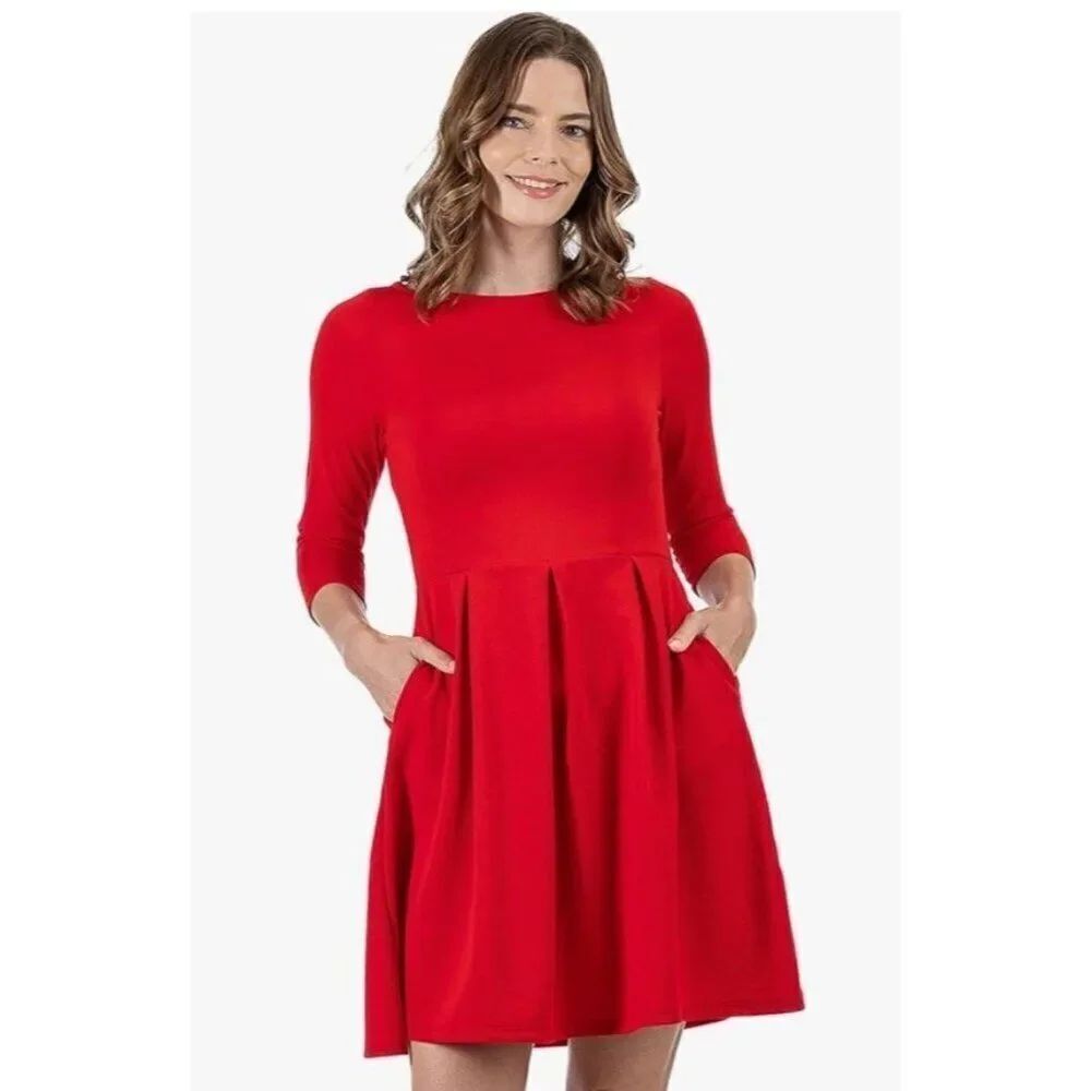 24seven Small Comfort Apparel Fit And Flare Red Dress Round Neck 3/4 Sleeve NWT
